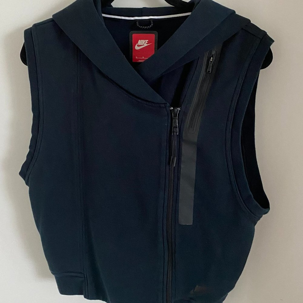 NIKE MEN WOMEN OUTWEAR HODDIE VEST ASSIMETRICAL ZIP POCKETS NAVY BLUE SIZE M